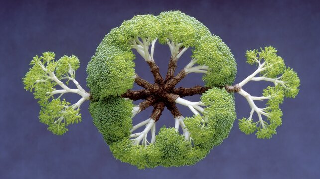 Artistic arrangement of broccoli florets and stems resembling a tree vegetable
