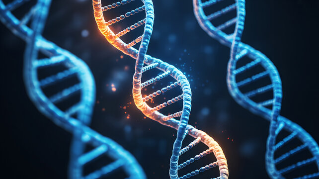 Close up of three glowing dna strands with a dark background - Powered by Adobe