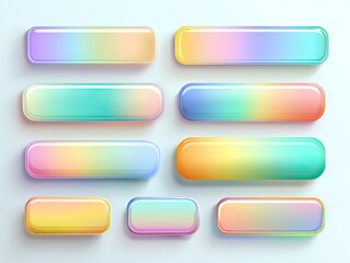 Set of 12 colorful, rectangular, glossy buttons with smooth, gradient, rainbow hues