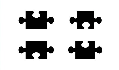 Four solid black jigsaw puzzle pieces arranged in a 2x2 grid against a plain white background.  Each piece features the characteristic interlocking shapes