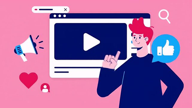 Boosting online presence with engaging video content. A flat vector illustration of social media marketing and audience interaction.