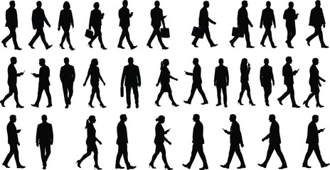 Business people walking, professional silhouettes in motion, office workers with phones and briefcases, vector illustration for corporate, business design