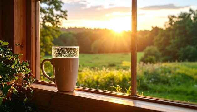 Mug on Window Sill Overlooking Green Meadow at Sunrise