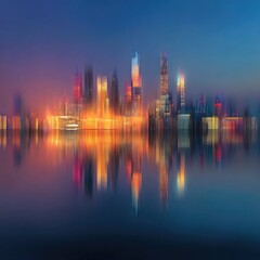Naklejka premium Blurry cityscape at dawn, reflected in tranquil water