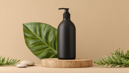 A matte black pump bottle sits on a wooden pedestal, surrounded by a tropical leaf and natural elements, on a beige background