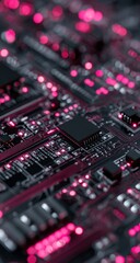 Obraz premium Close-up of a circuit board, detailed with intricate pathways and glowing components. Dark gray and black traces crisscross, accented by bright pink highlights and bokeh