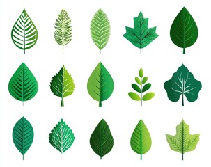 Collection of stylized green leaves on white background.  Various shapes and shades of green.  Flat design.  Botanical illustration.  Nature theme