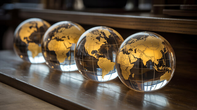 Four glass globes with golden continents arranged in a row on a wooden surface