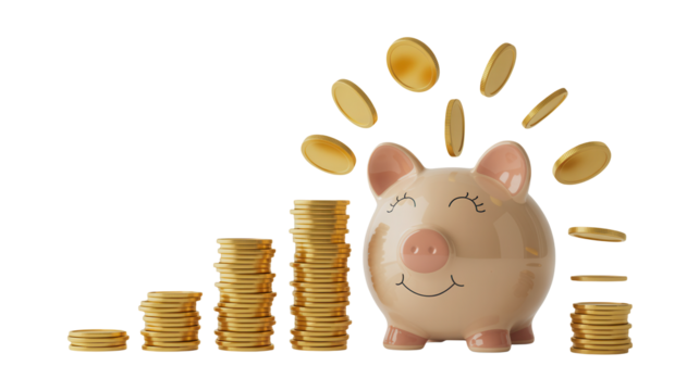 Piggy bank accumulating wealth with piles of gold coins and falling coins, symbolizing savings, finance, and investment for a secure financial future