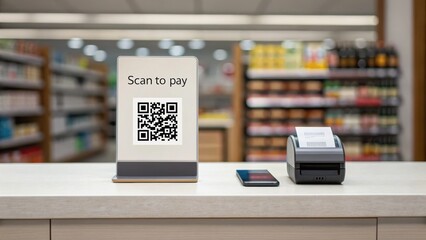 e wallet integration concept. Checkout counter with QR code payment and a cash register in a retail environment.