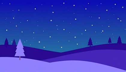 Fototapeta premium Simple, winter night landscape with stylized trees and hills.