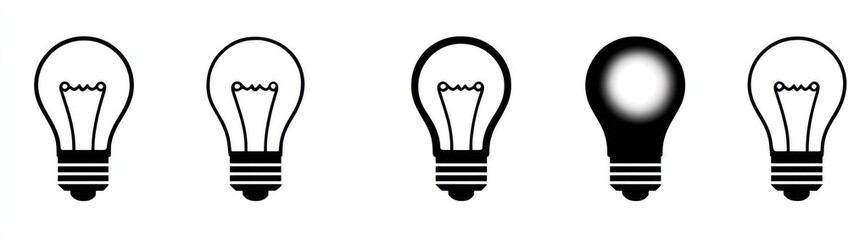 Obraz premium Four black and white lightbulb icons, showing a progression of illumination