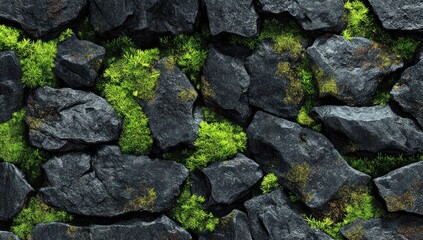 Dark gray stones with vibrant green moss