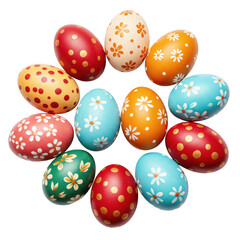Collection of colorful painted easter eggs with floral and polka dot patterns isolated on transparent background