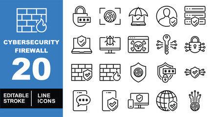 Cybersecurity firewall set of web icons in line style. Exclusive cybersecurity firewall linear icon collection. Containing password, fingerprint, computer, user, server, laptop. Editable stroke