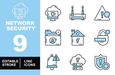 Network security set of web icons in line style. Exclusive network security linear icon collection. Containing cloud, router, warning, folder, house, padlock, bell, server, and shield. Editable stroke