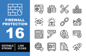 Firewall protection set of web icons in line style. Exclusive firewall protection linear icon collection. Containing firewall, browser, database, wrench, eye, siren, link, and house. Editable stroke