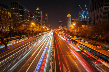 Obraz premium The night view of the city landscape in Beijing. Guomao CBD night view in Beijing, China