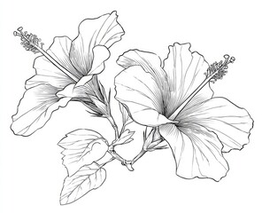 Fototapeta premium Two hibiscus blossoms, detailed line drawing, botanical illustration