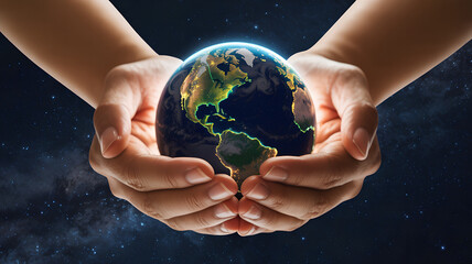Childs hands gently holding the glowing earth planet in space