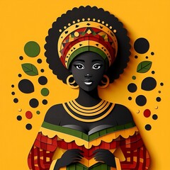 Black Woman Presenting Her Rich Culture. African American Woman Wears Traditional Attire paper cut style on a Black History Month colors red, yellow, green and black, created with generative ai
