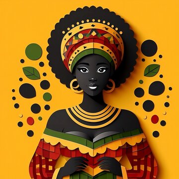 Black Woman Presenting Her Rich Culture. African American Woman Wears Traditional Attire paper cut style on a Black History Month colors red, yellow, green and black, created with generative ai