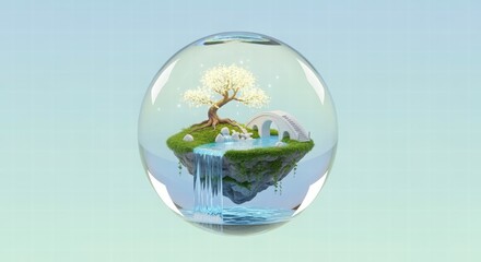 Dreamy Floating Island with White Blossoming Tree in Glass Orb
