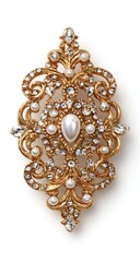 Ornate gold brooch with pearls and crystals