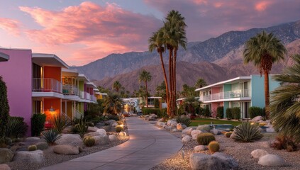 Colorful mid-century modern buildings line a path in a desert resort town at sunset.  Pastel-toned structures with balconies and palm trees. Mountains in the background.  Golden-hour sky