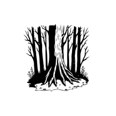 Monochrome illustration of a dense forest with bare trees and prominent roots