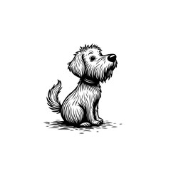 Whimsical Hand-Drawn Dog Illustration with Detailed Fur Texture in Black and White