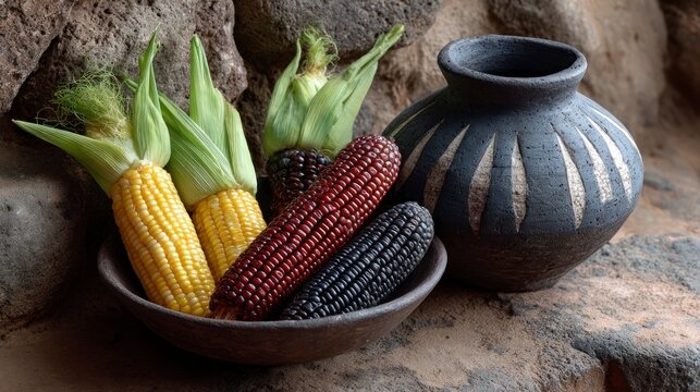 Bowl of colorful corn including yellow red and black varieties alongside a decorative ceramic vase