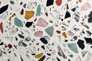 Close-up view of a decorative terrazzo surface.  Colorful chips of various sizes and shades are embedded in a light background