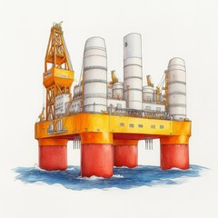 Obraz premium Offshore Oil Platform Illustration with Crane and Cylindrical Tanks in Watercolor Style
