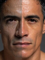 Obraz premium Latino man before and after refreshing face wash