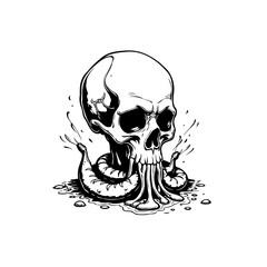 Skull entwined with an octopus illustration in black and white, eerie vibe