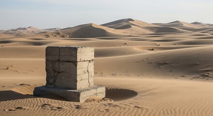 A cracked and weathered concrete pedestal stands abandoned in the middle of a vast, desolate desert landscape with rolling sand dunes under a clear sky.