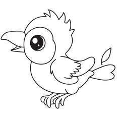 Happy cartoon bird with open beak, playful outline illustration for coloring, kids learning, and nature-themed art projects.