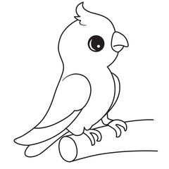 Cute cockatiel perched on branch in cartoon style outline for children’s coloring and learning activity pages.

