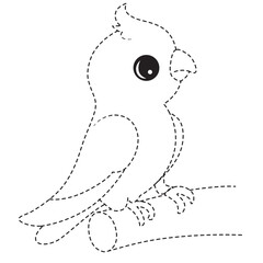 Cockatiel in dotted outline perched on branch for fun educational tracing and coloring activity for children.