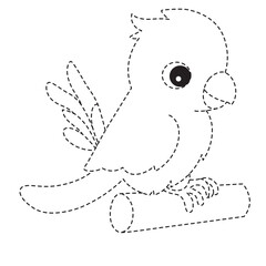 Cockatiel bird in dotted line outline perched on branch for fun kids tracing and coloring page activity.
