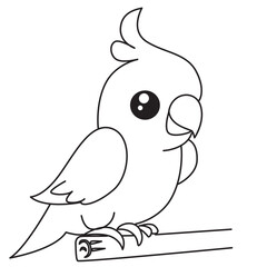 Cute cockatiel perched on branch in cartoon outline style for children’s coloring and educational printable pages.
