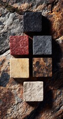 Fototapeta premium Six square blocks of various colors and textures arranged on a weathered stone surface