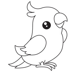 Cute cockatiel bird sitting with big eyes in simple cartoon style outline for kids coloring and tracing activity.