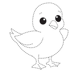 Adorable cartoon bird in dotted outline, perfect for children’s tracing activities, coloring pages, and creative drawing learning sessions.
