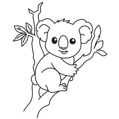 Koala cartoon climbing branch, perfect for kids coloring pages, wildlife illustrations, and Australian animal-themed educational art.