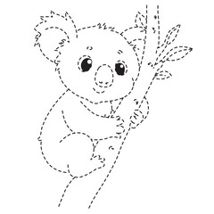 Koala dotted outline holding branch, great for tracing, coloring, and Australian wildlife-themed children’s educational illustrations.