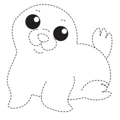 Baby seal dotted outline sitting with tail extended, ideal for tracing, coloring, and marine animal themed educational illustrations.