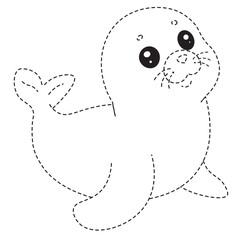 Cute baby seal line art with dotted outline for tracing, perfect for kids coloring and marine animal education activities.