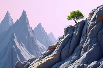 Explore mountain landscape with tree on cliffside, scenic mountain range view, outdoor nature photography, mountains
